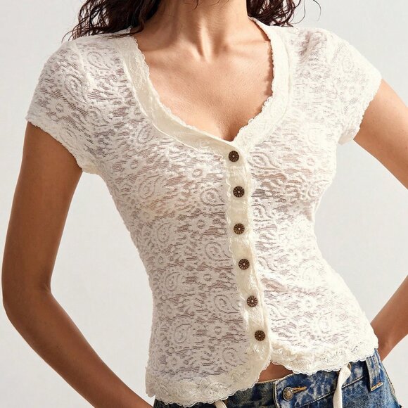 Apricot Casual Women's Lace Short Sleeve V-Neck button down Fitted Top - Picture 7 of 7